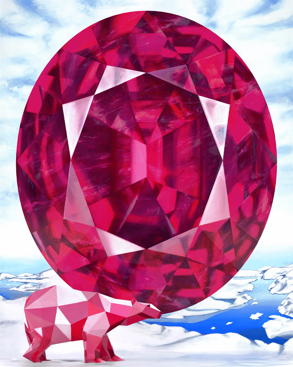 GIF of Faceted Pink Polar Bear Walking across the ice in front of a large shimmering faceted Greenland Ruby