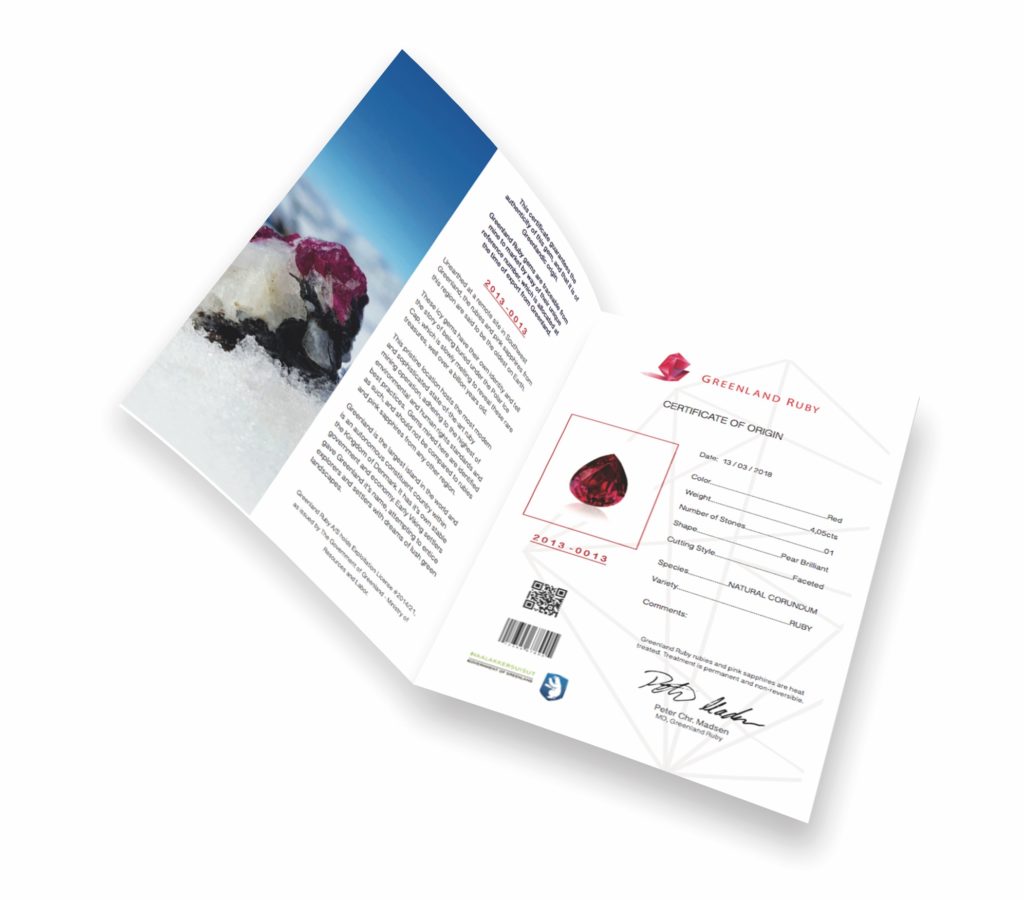 Greenland Ruby Certificate of Origin approved by the Government of Greenland