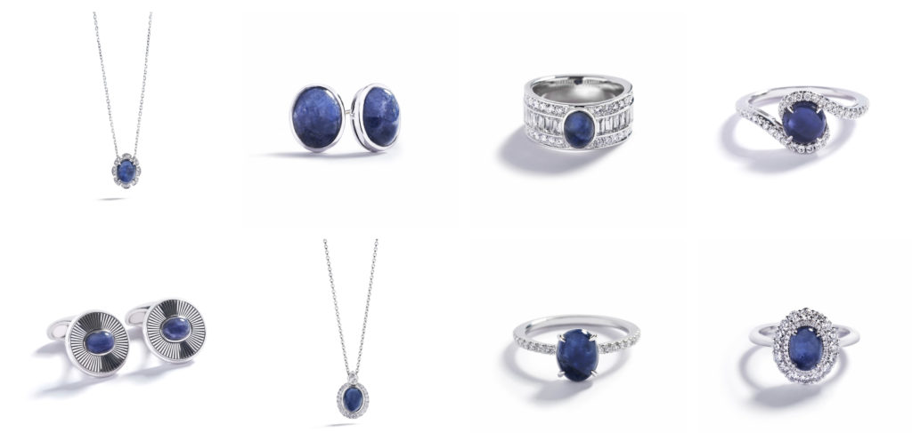 A group of sapphire rings, necklaces, and earrings