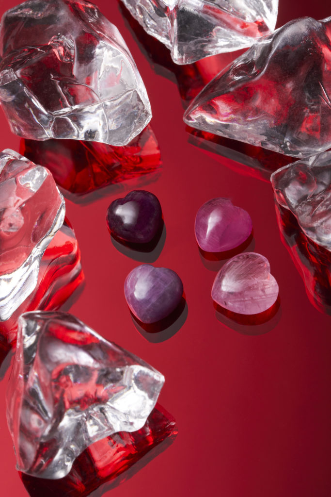 Heart-shaped rubies surrounded by ice 
