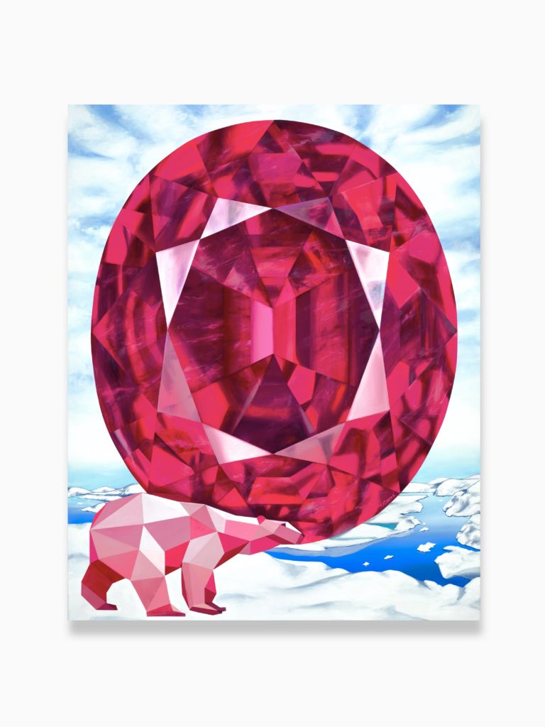 Finished Fire Under Ice Painting by Reena Ahluwalia, featuring a pink faceted polar bear in the bottom left corner, a large faceted fuchsia ruby in the center and icy water and blue sky in the background